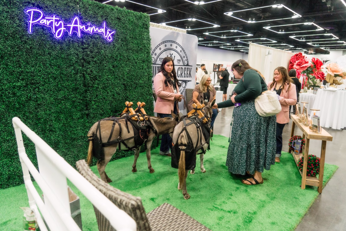 Party Animals petting zoo display featuring miniature horses at The Portland Wedding Show 2026 bridal expo