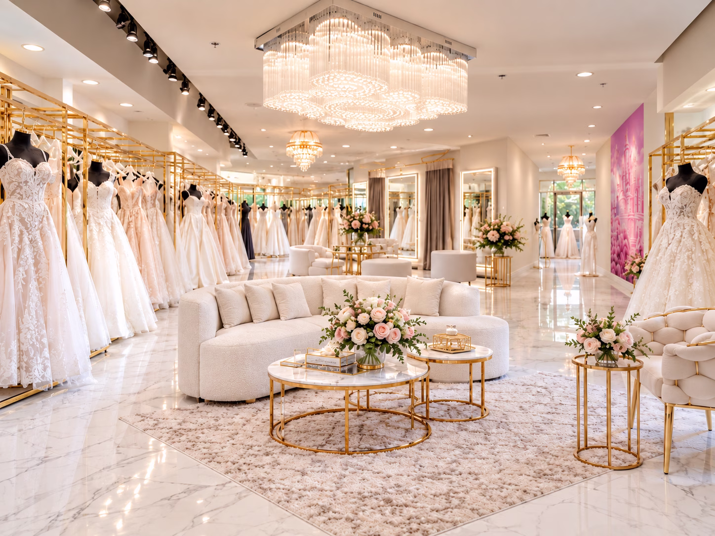 Bridal Exclusives wedding dress boutique showroom in Portland Oregon featuring ivory and blush bridal gowns on gold display racks, marble floors, crystal chandeliers, and a curved cream sofa seating area with pink floral arrangements