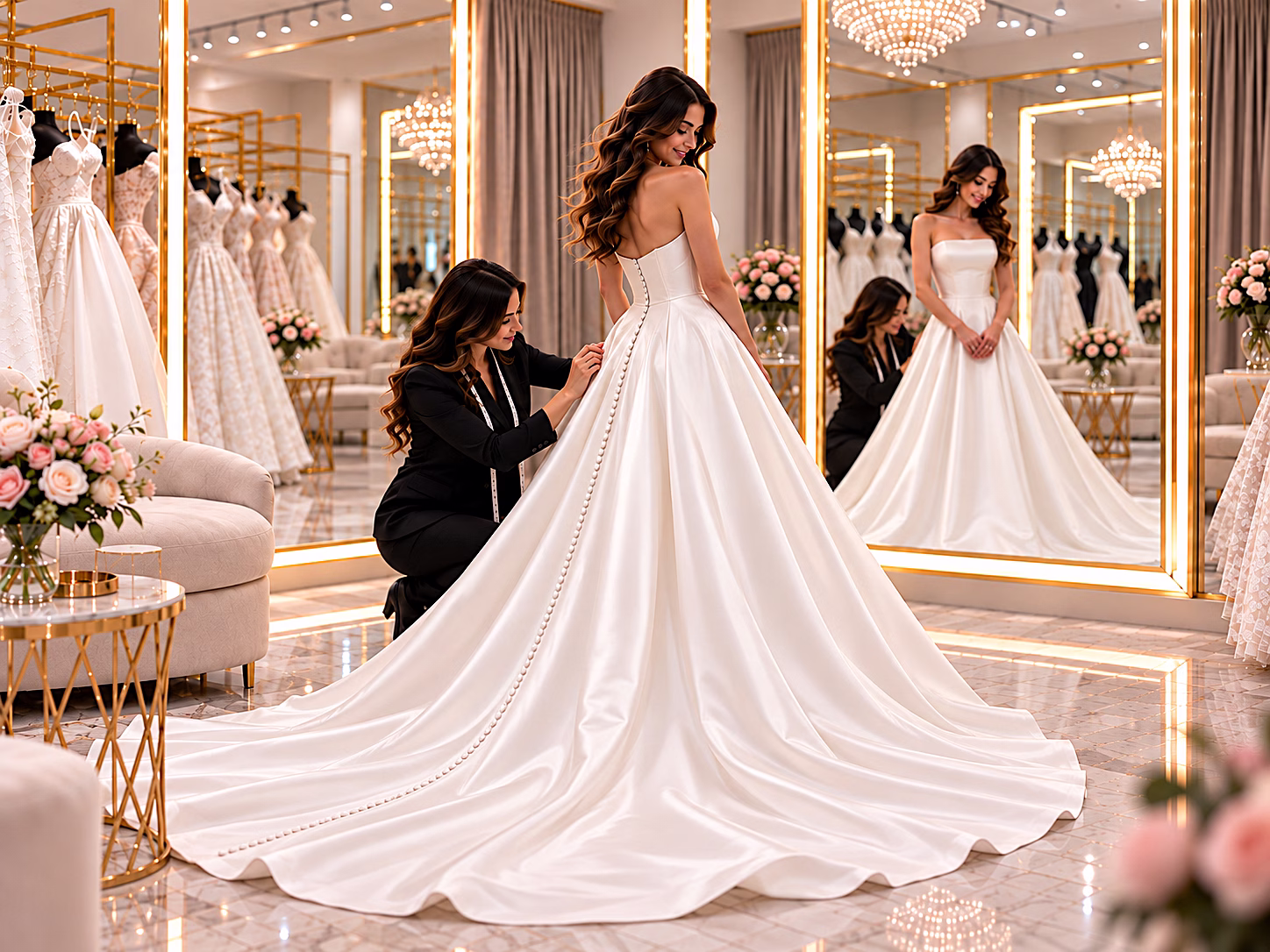 A bridal consultant adjusts the pearl button back of a strapless white satin ball gown with a cathedral train during a wedding dress fitting at a Portland Oregon bridal boutique, reflecting in gold-framed mirrors surrounded by pink roses and gowns on display.