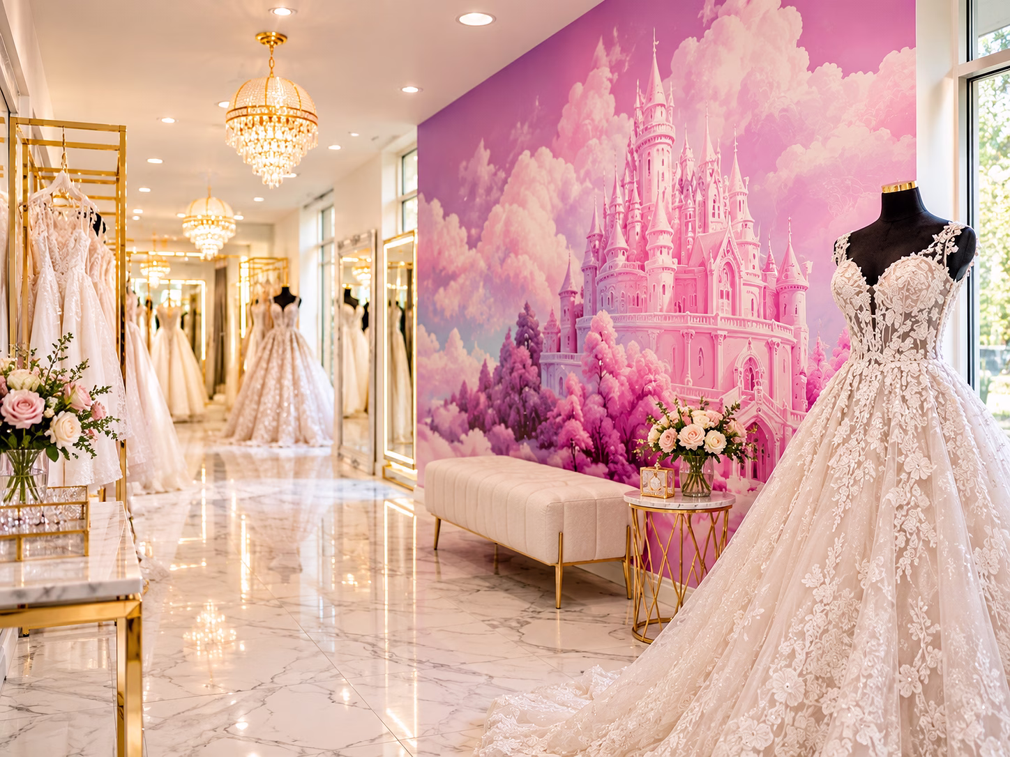 Bridal Exclusives bridal boutique in Portland Oregon featuring luxury lace wedding gowns displayed on mannequins and dress racks with gold accents, marble floors, crystal chandeliers, and a pink princess castle mural accent wall