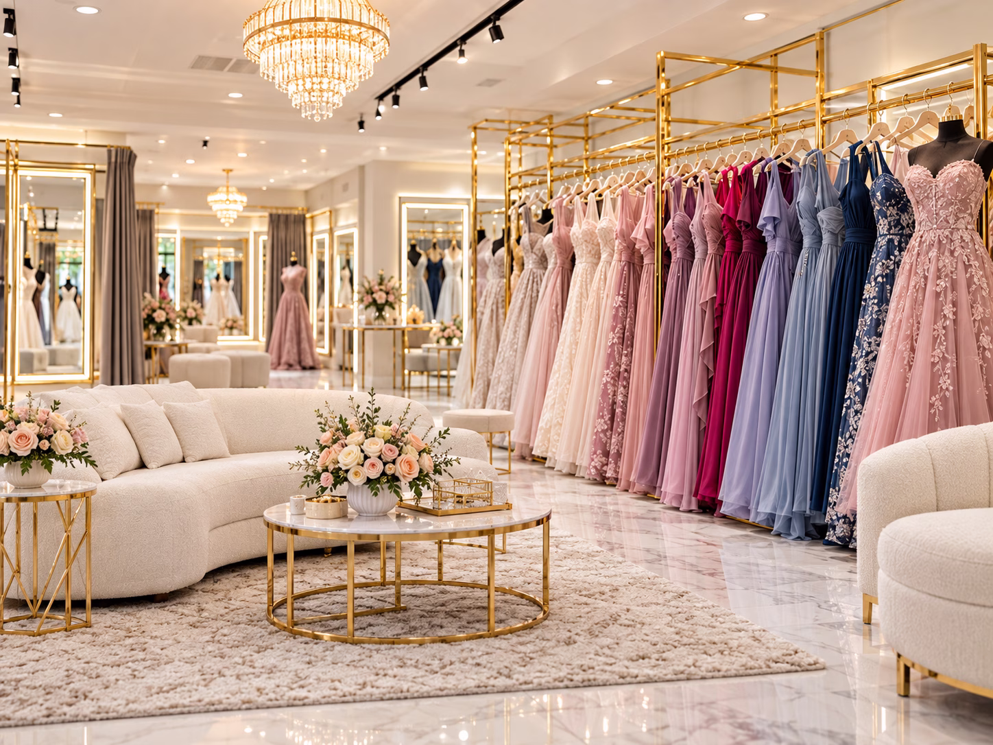Bridal Exclusives Portland Oregon bridal boutique interior featuring floor-length bridesmaid and formal gowns in blush pink, mauve, burgundy, lavender, and navy displayed on gold racks with a crystal chandelier and cream lounge seating area
