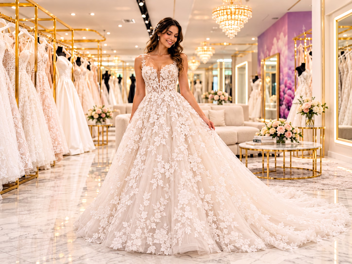 A bride tries on an elegant floral lace ball gown wedding dress with a sweetheart neckline and cathedral train at a luxury bridal boutique in Portland Oregon, featured by Bridal Exclusives at The Portland Wedding Show