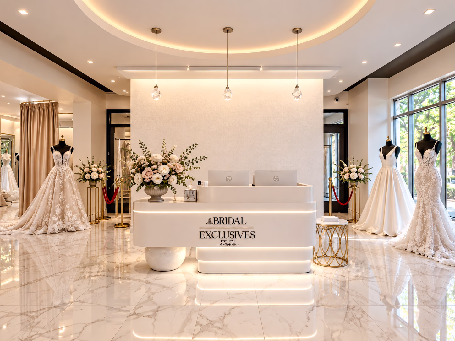 Bridal Exclusives wedding dress boutique showroom featuring elegant bridal gowns on mannequins, marble floors, floral arrangements, and a reception desk in Portland Oregon