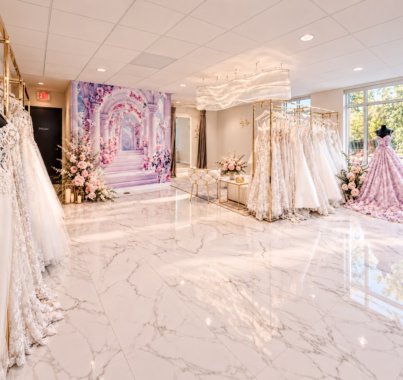 Bridal Exclusives wedding dress boutique showroom in Portland Oregon featuring white lace and floral ball gown wedding dresses displayed on gold racks and mannequins with polished marble floors and an elegant chandelier
